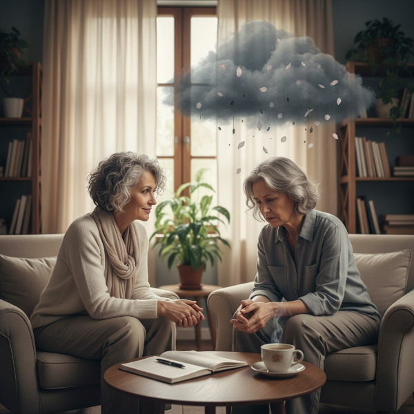 한 심리 상담실에서 따뜻한 표정의 여성 심리학자가 피로해 보이는 60대 여성 내담자의 이야기를 경청하고 있는 모습을 담은 이미지입니다. 우울감과 무기력함을 상징하는 시각적 요소가 배경에 어우러져 있습니다.