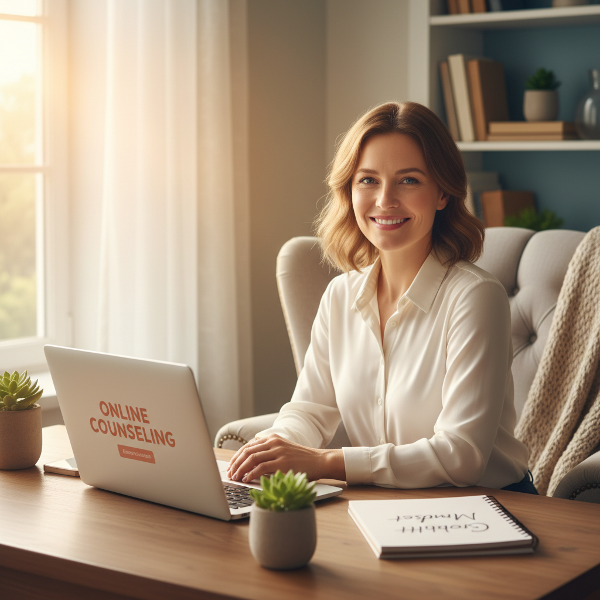따뜻한 공감을 담은 심리 상담 공간에서, 성장과 배움의 여정을 시작하는 내성적이지만 세심한 여성의 모습을 표현한 이미지입니다.