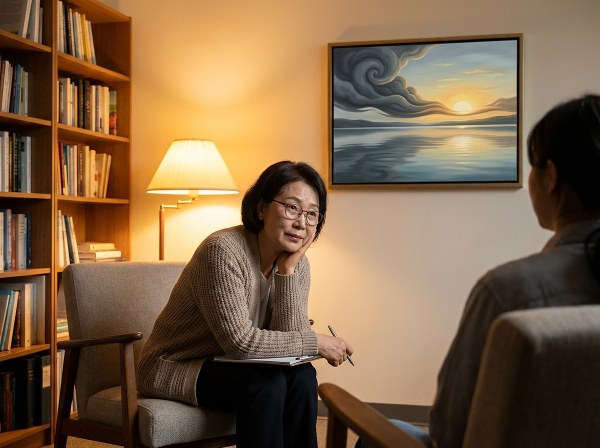 은퇴 후 무의미감과 과거 트라우마로 고민하는 여성이 심리학자와의 상담을 통해 치유와 새로운 시작의 희망을 찾는 감성적인 이미지입니다.