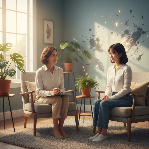 치유와 지지를 상징하는 따뜻하고 안전한 상담실에서 심리학자와 대화하는 젊은 여성의 이미지입니다.