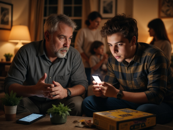 고민하는 아버지와 스마트폰에 집중하는 청소년 아들을 배경으로, 가족 소통과 디지털 디톡스를 상징하는 따뜻하면서도 긴장감 있는 거실 장면입니다.