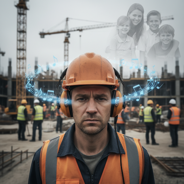 건설 현장에서 헤드폰으로 음악을 강박적으로 듣는 남성 근로자와 소원해진 가족 관계를 암시하는 이미지입니다.