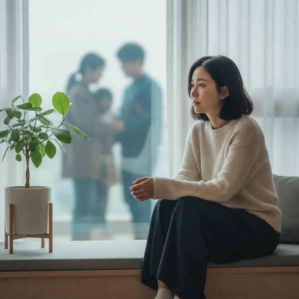 표면적으로는 원만한 관계 속에서도 깊은 고독감을 느끼는 직장인 여성이 창가에 앉아 내면을 성찰하는 모습을 담은 이미지입니다.