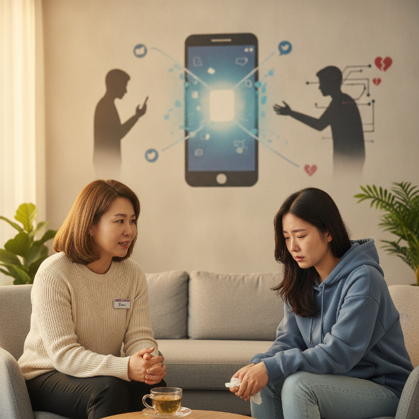 심리학자 빛나가 30대 여성 민지에게 관계와 불안에 대한 상담을 하고 있는 따뜻한 분위기의 장면을 묘사한 이미지.