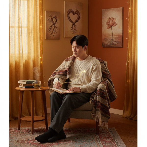 35세 남성이 내면의 감정을 일기장에 기록하며 진정한 소통을 찾는 모습을 표현한 이미지.