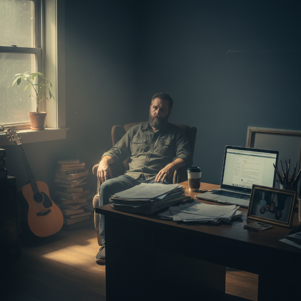 무기력함과 공허함을 느끼며 일상에 흥미를 잃은 중년 남성의 모습을 상징적으로 표현한 이미지입니다.