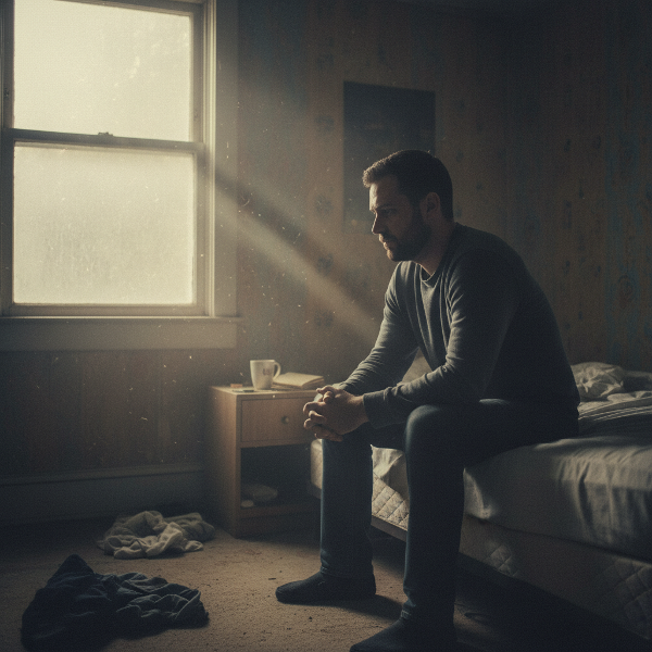 힘들어 보이는 30대 남성이 어두운 방의 침대 가장자리에 앉아 창밖을 바라보며 무기력함과 고립감을 느끼고 있는 모습을 담은 이미지입니다.