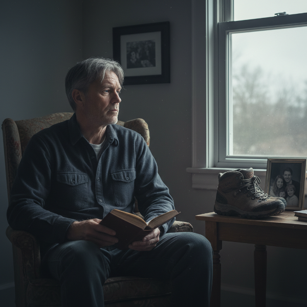 58세 남성이 창가에 앉아 무기력하게 바라보며, 주변의 취미 물건과 가족 사진에도 관심이 없는 모습을 담은 이미지