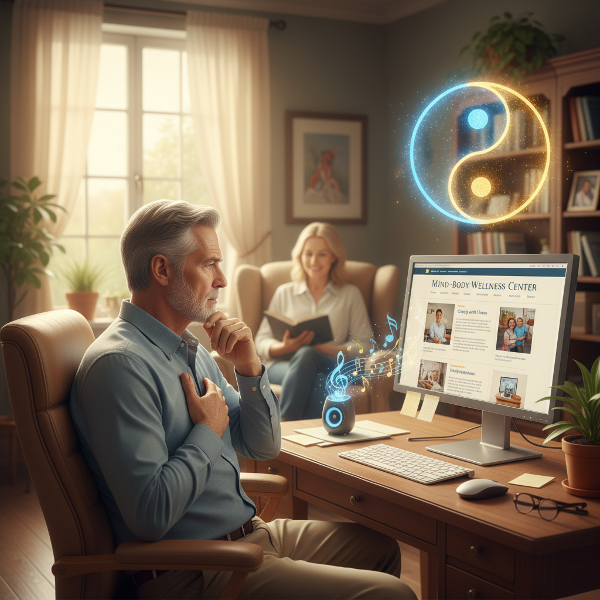 60대 남성이 스트레스로 인한 신체 증상을 경험하며, 심신의 조화와 균형 잡힌 관계를 상징하는 따뜻하고 평화로운 이미지입니다.