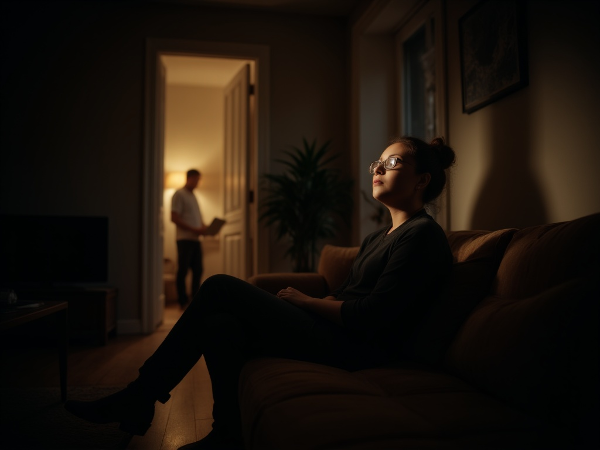 한 여성이 어두운 거실에서 외로움을 느끼며 앉아 있고, 다른 방에서는 남편이 노트북에 몰두한 모습이 보입니다. 은은한 빛이 희망을 상징하며, 장기 결혼 생활의 정서적 거리를 표현한 이미지입니다.