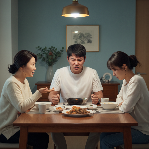 34세 남성 현석이 저녁 식사 중 배우자와의 사소한 말에 화를 내며 식탁을 치고 나오는 모습, 심리학자 빛나가 감정 조절 방법을 조언하는 장면.