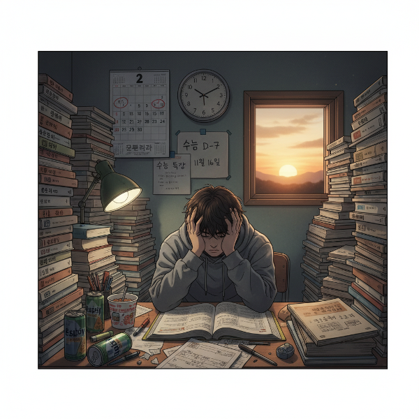 지친 고3 남학생이 새벽에 책과 시험 준비 자료에 둘러싸여 번아웃과 스트레스를 느끼는 모습을 담은 이미지입니다.