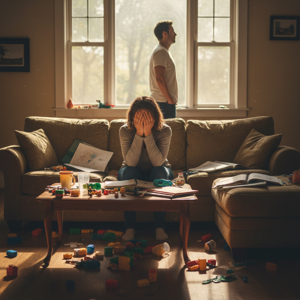 지친 주부가 집안에서 압도된 피로감과 우울함을 느끼는 모습을 담은 이미지입니다.