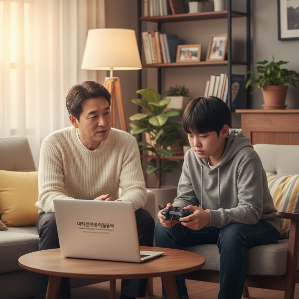 심리 상담사와 아버지가 게임 중독과 진로 고민으로 힘들어하는 10대 소년을 따뜻하게 지지하며 대화하는 장면입니다.