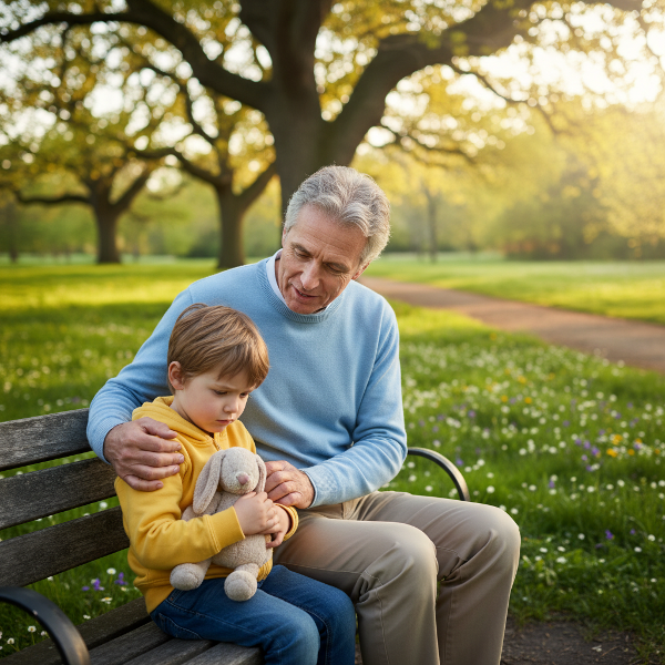 늦은 나이에 자녀를 키우는 아버지가 사회적 불안을 느끼는 아이를 공원에서 따뜻하게 지지하며 대화하는 모습입니다.