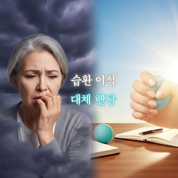 스트레스로 인한 손톱 물어뜯기 습관과 그 극복을 상징하는 이미지로, 고민과 치유의 대비를 표현했습니다.