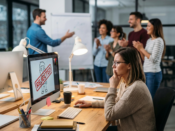 자신의 아이디어가 평가절하된다고 느끼며 고민하는 게임 디자이너가 사무실에서 혼자 생각에 잠겨 있는 모습을 담은 이미지입니다.