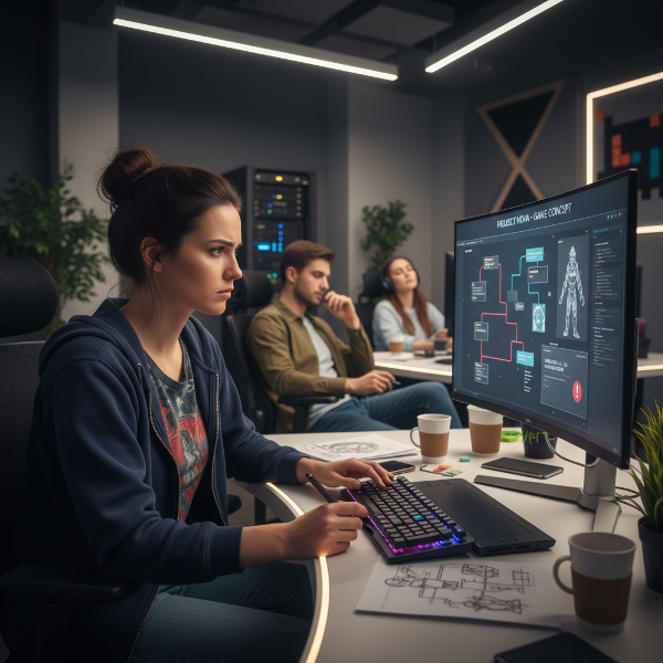 창의적인 아이디어가 무시당하는 느낌을 받는 게임 개발자의 사무실 내 고민스러운 모습을 표현한 이미지입니다.