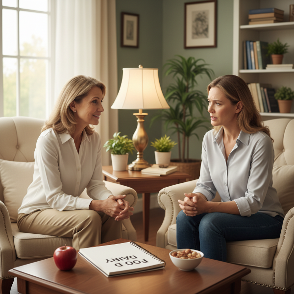 심리 상담실에서 정서적 섭식과 야식 습관에 대해 이야기하는 여성 내담자와 공감하며 듣는 여성 심리학자의 따뜻한 모습