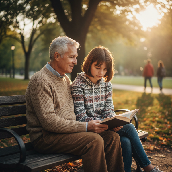 조용한 공원 벤치에서 할아버지와 손녀가 함께 앉아 따뜻한 정적을 나누는 감성적인 장면입니다.