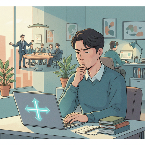 내향적인 직장인이 리더십의 기로에서 고민하는 모습을 상징적으로 표현한 일러스트입니다.