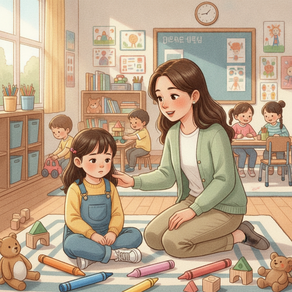 심리학자가 유치원에서 혼자 있는 5살 소녀에게 다정하게 이야기하는 장면, 따뜻한 분위기와 함께 사회성 발달을 돕는 모습.
