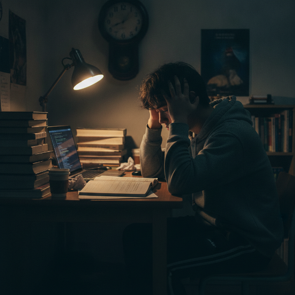 A tired 18-year-old student overwhelmed by exam pressure and part-time work, showing signs of burnout, with a sense of isolation and exhaustion.