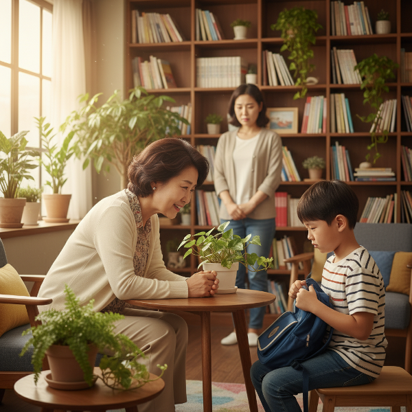 한국인 심리학자가 우울해하는 초등학생 남자아이와 그의 엄마를 따뜻하게 상담하는 장면입니다.