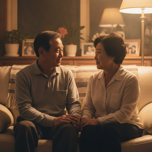 중년 한국 부부가 거실에서 마주 앉아 손을 잡고 따뜻한 시선을 나누며 정서적 친밀감을 회복하는 장면
