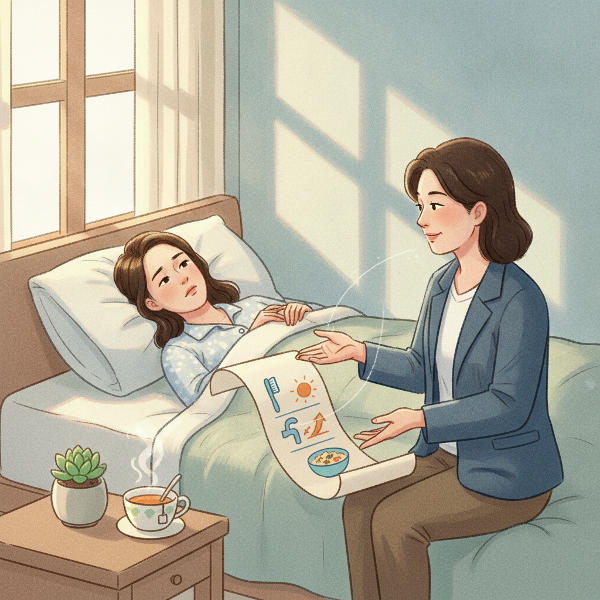 여성이 침대에 누워 무기력함을 표현하지만, 심리학자의 지도와 함께 작은 일상 회복의 상징(식물, 차)이 더해진 따뜻한 분위기의 이미지.