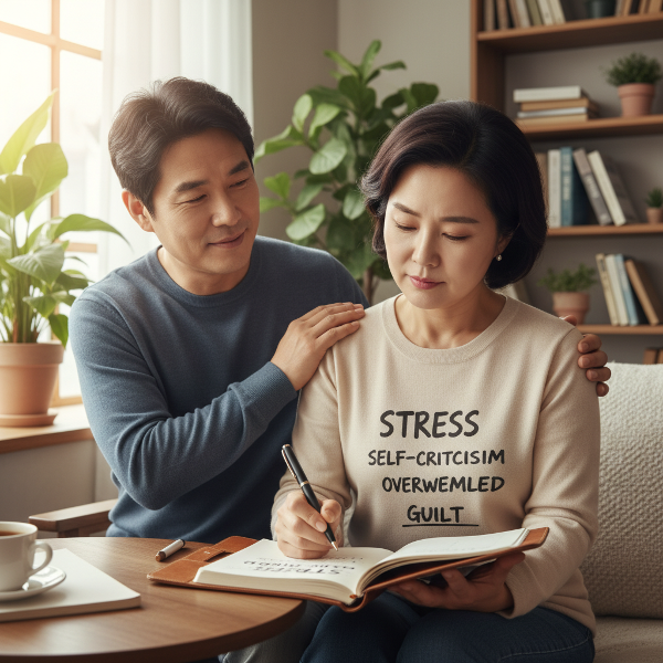 57세 여성이 감정 일지를 쓰며 남편과 함께 심리 상담을 받는 모습, 불임으로 인한 스트레스와 부부 지지 강조