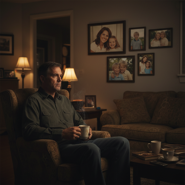 밤늦게 혼자 거실에 앉아 가족 사진을 바라보며 고독과 후회, 그리고 재회에 대한 갈망을 느끼는 중년 남성의 모습