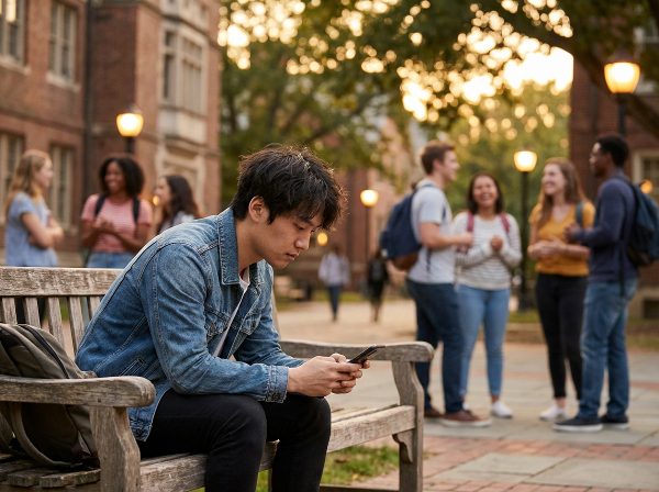 대학 캠퍼스에서 고독감을 느끼며 혼자 앉아 있는 20대 남성의 모습을 담은 이미지입니다.