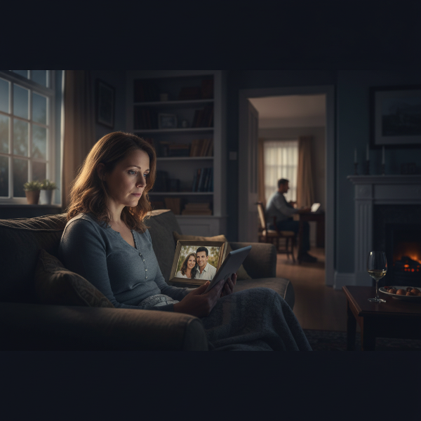 오랜 결혼 생활에서 소통 부재와 외로움을 느끼는 여성의 감정적 거리감과 관계 회복에 대한 희망을 담은 이미지