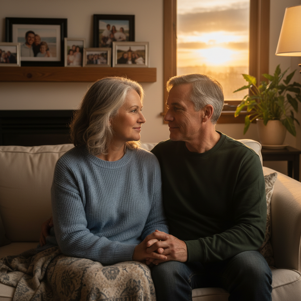 25년간 함께한 부부가 소파에 나란히 앉아 손을 잡고 따뜻한 대화를 나누며 친밀감을 회복하려는 모습을 담은 이미지입니다.