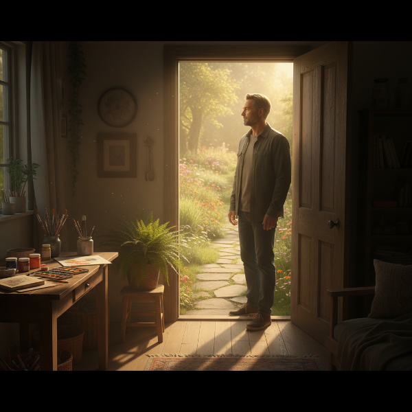 트라우마 치유의 작은 첫걸음을 상징하는, 문턱에서 밖을 바라보는 남성의 따뜻하고 희망적인 이미지입니다.