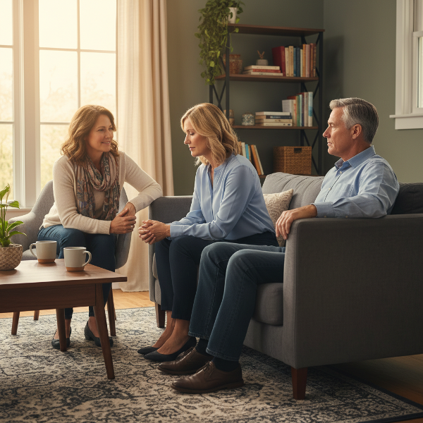 심리 상담실에서 부부가 친밀감과 소통에 대해 고민하며 따뜻한 분위기에서 대화를 나누는 모습을 담은 이미지입니다.