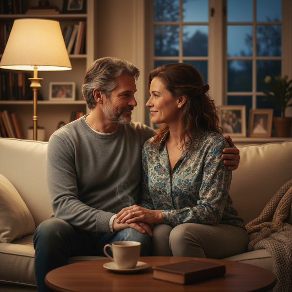 결혼한 부부가 집에서 편안하게 앉아 따뜻한 분위기 속에서 대화를 나누며 친밀감을 회복하는 모습을 담은 이미지입니다.