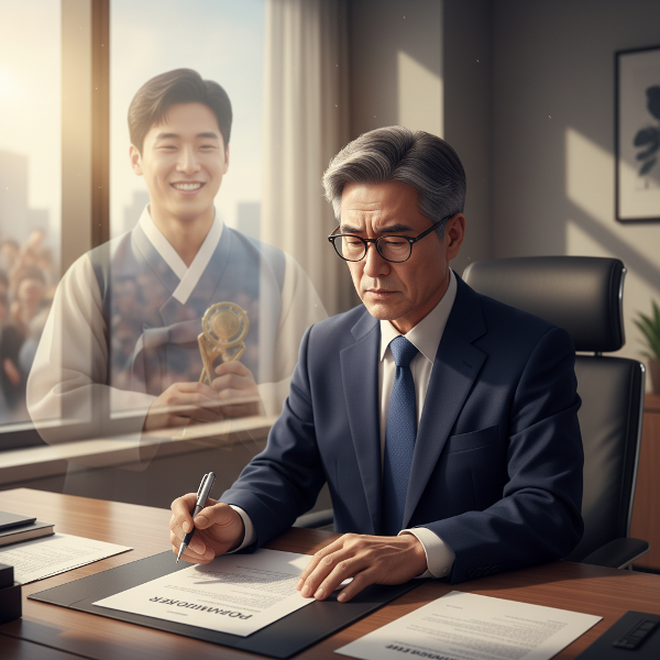 승진 기회 앞에서 희망과 불안을 느끼는 중년 직장인의 내면 갈등과 성장 가능성을 표현한 이미지입니다.