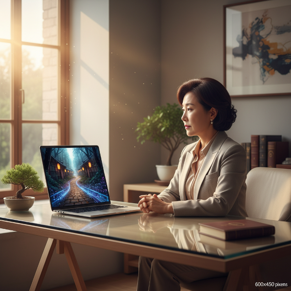 50대 전문직 여성이 변화하는 직장 환경에서 자신의 경력을 재정의하는 순간을 상징적으로 표현한 이미지입니다.