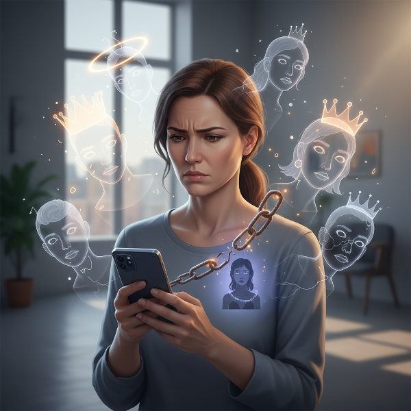 스마트폰 사용과 SNS에서 비롯된 불안감 및 신체 이미지 왜곡으로 고민하는 30대 중반 직장인 여성을 상징적으로 표현한 이미지입니다.