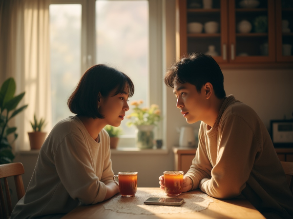 부부가 식탁에 앉아 감정적 거리를 느끼지만, 소통을 위한 차 한 잔의 시간을 가지며 다시 연결되기를 바라는 따뜻하면서도 약간 서글픈 분위기의 이미지입니다.