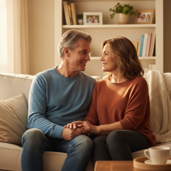 30년 이상 결혼한 50대 후반 부부가 집안 소파에 나란히 앉아 따뜻한 감정으로 손을 잡고 서로를 바라보는 따뜻하고 친밀한 장면입니다.