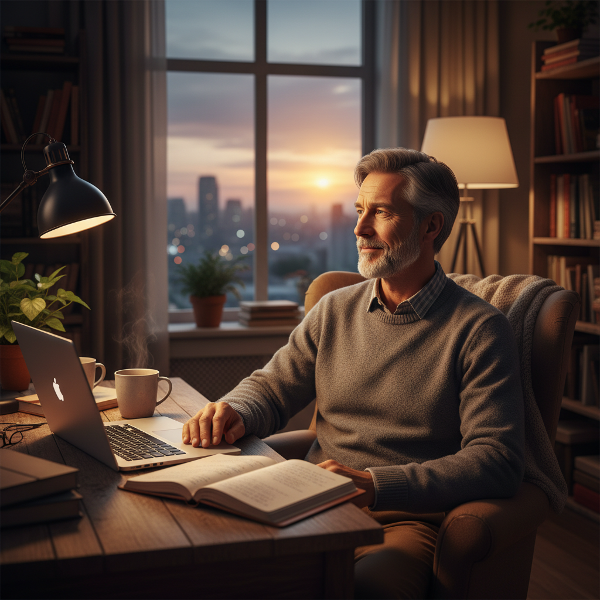 47세 남성이 황혼빛이 스민 집무실에서 노트북을 보며 고독감과 소통에 대한 깊은 고민을 하고 있는 모습을 담은 이미지
