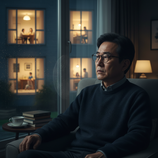 중년 남성이 저녁 거실에서 느끼는 고독감과 내면의 성찰을 표현한 이미지입니다.