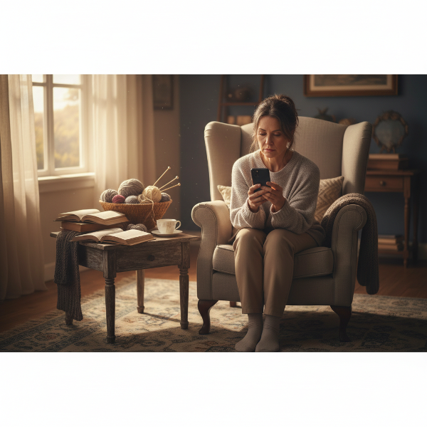 피로한 52세 여성이 거실에서 스마트폰을 보며 방치된 취미용품을 바라보는 모습을 담은 이미지입니다.