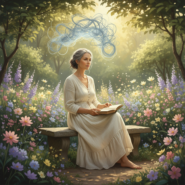 정원에서 피로와 복잡한 감정을 안고 있는 중년 여성이 책을 들고 평화를 찾는 모습을 담은 이미지입니다.