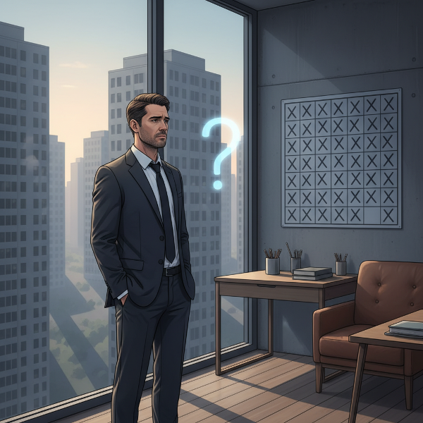 안정된 일상 속에서 의미를 찾는 중년 남성의 내적 성찰과 변화에 대한 갈망을 표현한 이미지입니다.