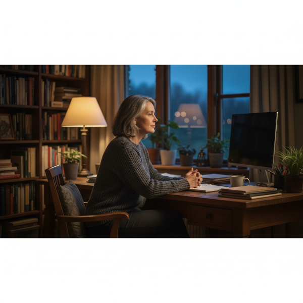 체계적인 삶 속에서 깊은 외로움과 진정한 연결을 고민하는 54세 여성이 황혼빛이 스민 서재에서 내면을 성찰하는 모습