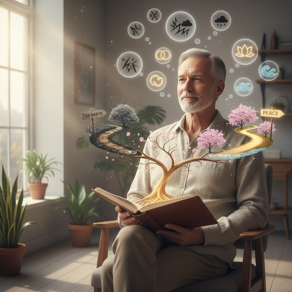 60대 남성이 명상하며 의사 결정의 명확성을 찾는 심리적 안정과 자기 성찰의 이미지